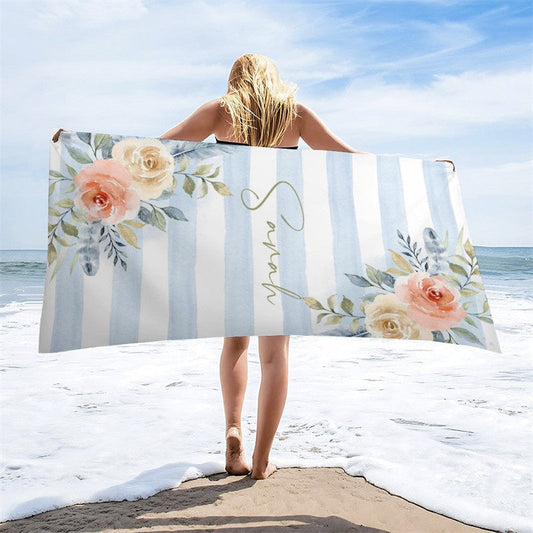 Boho Blue Floral Stripes Custom Name Beach Towel