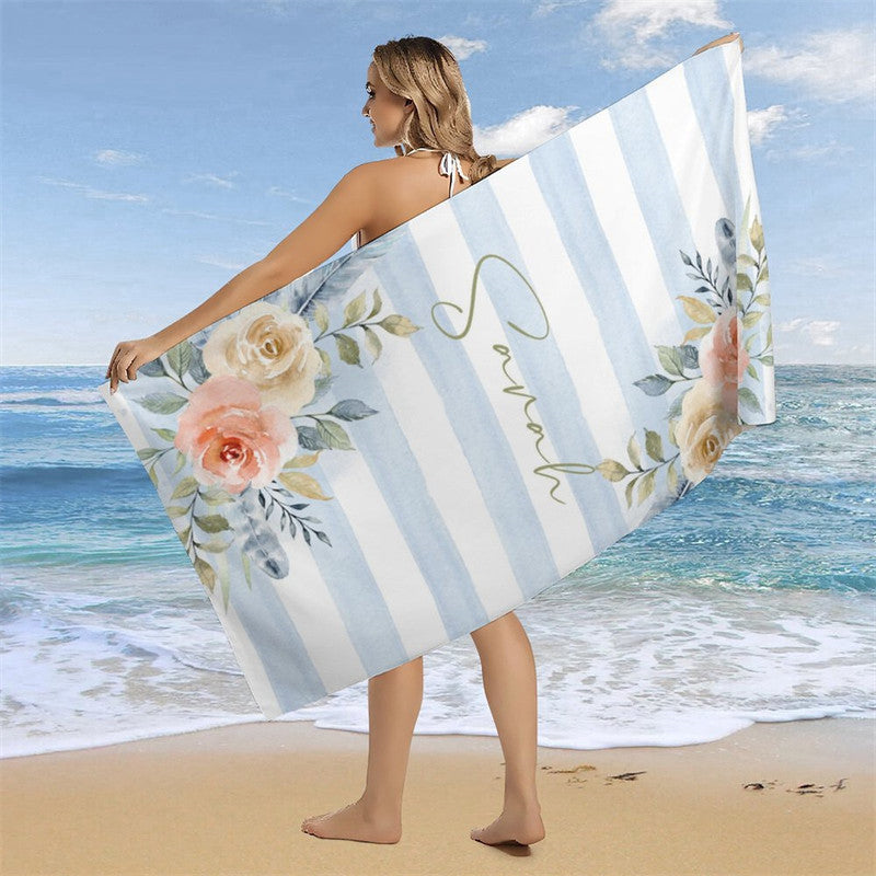 Boho Blue Floral Stripes Custom Name Beach Towel