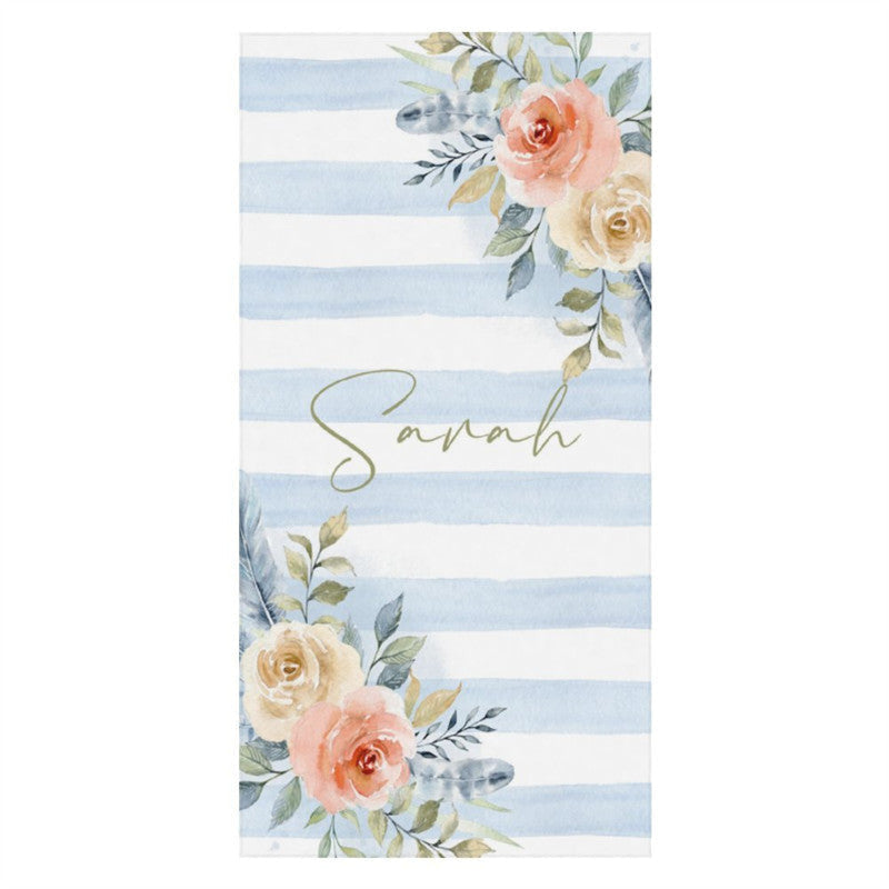 Boho Blue Floral Stripes Custom Name Beach Towel
