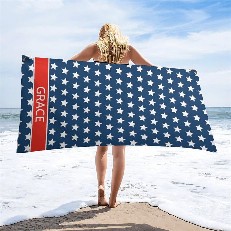 Custom Name Navy Blue Stars Beach Towel For Gifts