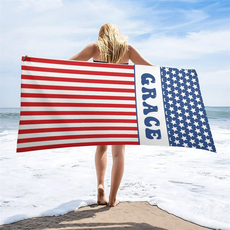 Custom Name Usa Flag Beach Towel For Holiday Gifts