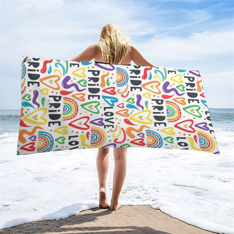 White Colorful Heart Rainbow Pride Month Beach Towel